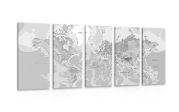 5-częściowy obraz klasyczna mapa świata w wersji czarno-białej - 200x100
