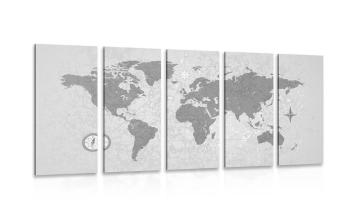5-częściowy obraz mapa świata w stylu retro z kompasem w wersji czarno-białej - 100x50