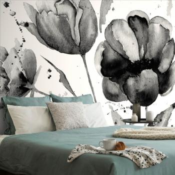 Samoprzylepna tapeta czarno-białe tulipany w ciekawym wzorze - 225x150
