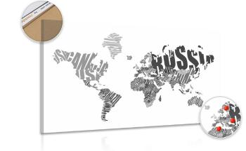 Obraz na korku mapa świata z napisów w wersji czarno-białej - 90x60  peg