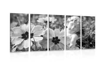 5-częściowy obraz aniołek w ogrodzie w wersji czarno-białej - 100x50