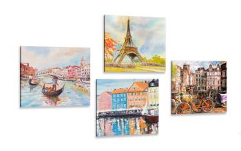 Zestaw obrazów malowane miasta w pastelowych kolorach - 4x 40x40