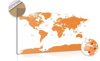 Obraz na korku mapa świata z zaznaczonymi na pomarańczowo poszczególnymi krajami - 90x60  flags