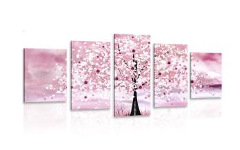 5-częściowy obraz czaple pod magicznym drzewem różowe - 200x100