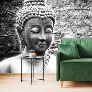 Tapeta czarno-biały posąg Buddy na drewnianym tle - 225x150