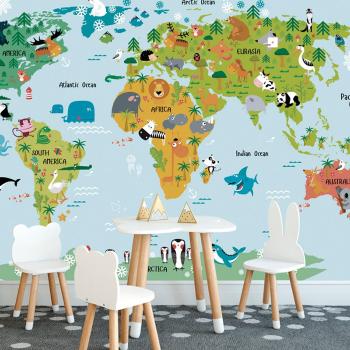 Tapeta dziecięca mapa świata ze zwierzętami - 375x250