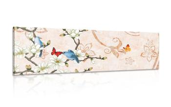 Obraz martwa natura w stylu vintage z ptakami i motylami - 150x50