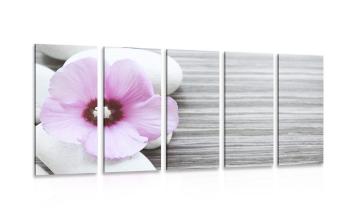 5-częściowy obraz kompozycja kamieni i różowego kwiatu - 200x100
