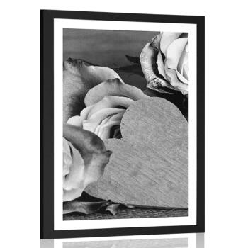 Plakat z passe-partout Walentynki  róże w czerni i bieli - 20x30 silver