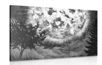 Obraz lśniący księżyc na nocnym niebie w wersji czarno-białej