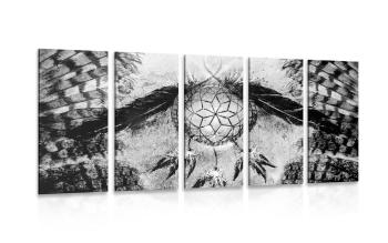 5-częściowy obraz Indiański łapacz snów w wersji czarno-białej - 200x100