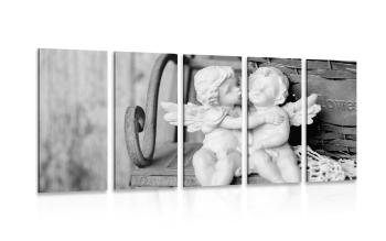 5-częściowy obraz figurki aniołków na ławce w wersji czarno-białej - 200x100