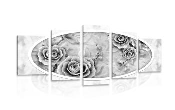 5-częściowy obraz kamienne róże w wersji czarno-białej - 200x100