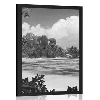 Plakat piękna plaża na wyspie La Digue w czerni i bieli - 20x30 silver