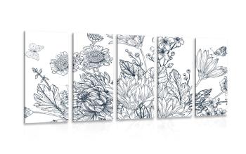5-częściowy obraz czarno-biały bukiet kwiatów - 200x100