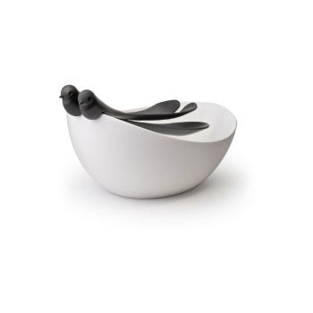 Miska z biało-czarnymi sztućcami sałatkowymi w kształcie ptaszków Qualy&CO Sparrow Salad Bowl
