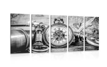 5-częściowy obraz zegarek z przeszłości w wersji czarno-białej - 100x50