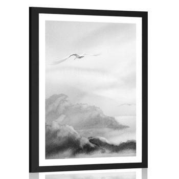 Plakat z passe-partout lot ptaków nad krajobrazem w czerni i bieli - 20x30 silver