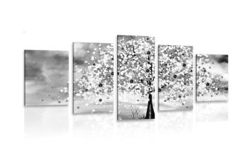 5-częściowy obraz czaple pod magicznym drzewem czarno-białe - 100x50