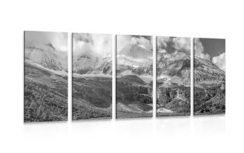 5-częściowy obraz majestatyczny krajobraz górski w wersji czarno-białej - 100x50