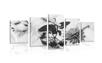 5-częściowy obraz zbiór starych liści w czarnobiałym kolorze - 100x50