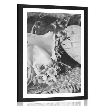 Plakat z passe-partout róża i serce z juty w czarno-białym wzorze - 30x45 silver