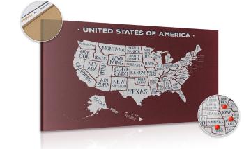 Obraz mapa edukacyjna USA z bordowym tłem na korku - 90x60  transparent