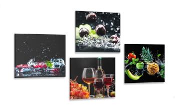 Zestaw obrazów wino i kawałki owoców na czarnym tle - 4x 60x60