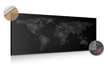 Obraz na korku mapa świata z nocnym niebem w wersji czarno-białej - 120x60  flags