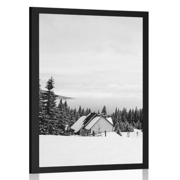 Plakat domek w śnieżnej naturze w czarno-białym kolorze