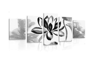 5-częściowy obraz kwiat lotosu akwarela w czarnobiałym kolorze - 200x100