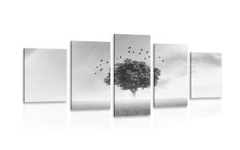 5-częściowy obraz samotne drzewo na łące w wersji czarno-białej