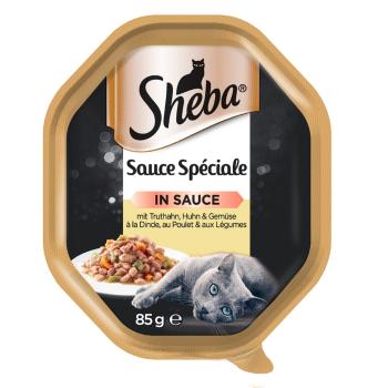 SHEBA tacka Sauce Speciale 85g mokra karma pełnoporcjowa dla dorosłych kotów, z indykiem, kurczakiem i warzywami w sosie