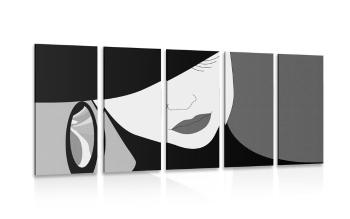 5-częściowy obraz elegancka pani w kapeluszu w wersji czarno-białej - 200x100