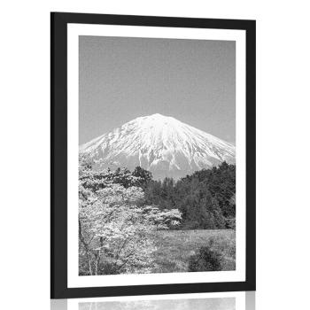 Plakat z passe-partout wulkan Fuji w czerni i bieli - 40x60 silver