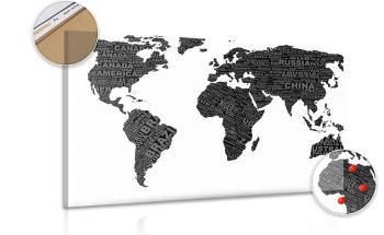 Obraz czarno-biała mapa świata na korku - 120x80  color mix