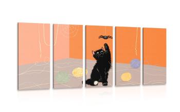 5-częściowy obraz figlarny kot z kulkami - 100x50
