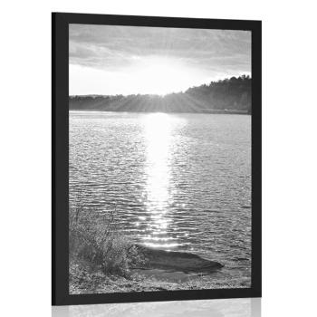 Plakat zachód słońca nad jeziorem w czerni i bieli - 30x45 white