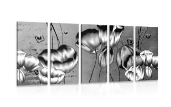 5-częściowy obraz maki w stylu etno w wersji czarno-białej - 100x50