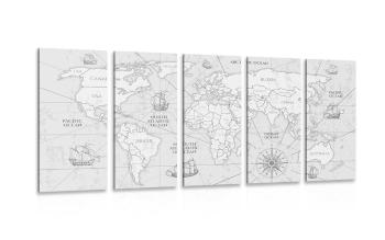 5-częściowy obraz mapa świata z łodziami w wersji czarno-białej - 200x100