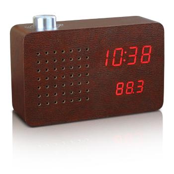 Ciemnobrązowy budzik z czerwonym wyświetlaczem LED i radiem Gingko Radio Click Clock
