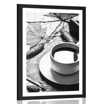 Plakat z passe-partout filiżanka kawy w jesiennym akcencie w czerni i bieli - 20x30 white