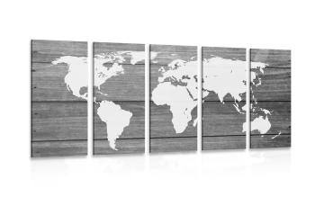 5-częściowy obraz czarno-biała mapa świata z drewnianym tłem - 200x100