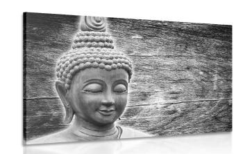 Obraz posąg Buddy na drewnianym tle w wersji czarno-białej