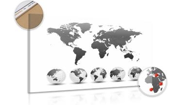 Obraz na korku globusy z mapą świata w wersji czarno-białej - 90x60  transparent