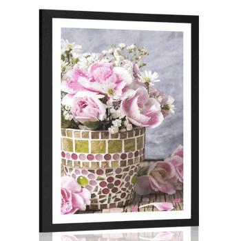 Plakat z passe-partout kwiaty goździków w doniczce mozaikowej - 60x90 silver