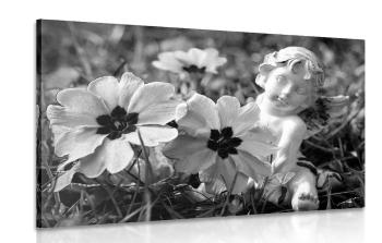 Obraz aniołek w ogrodzie w wersji czarno-białej