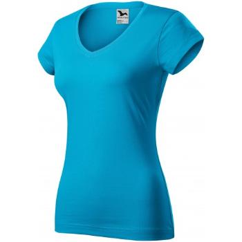 T-shirt damski slim fit z dekoltem w szpic, turkus, 2XL