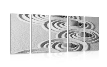 5-częściowy obraz kamienie Zen w piaszczystych kręgach w wersji czarno-białej