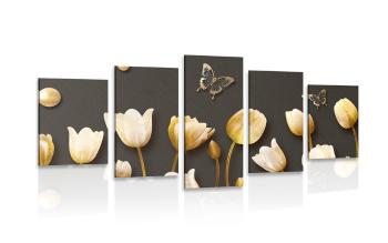 5-częściowy obraz tulipany ze złotym motywem - 100x50
